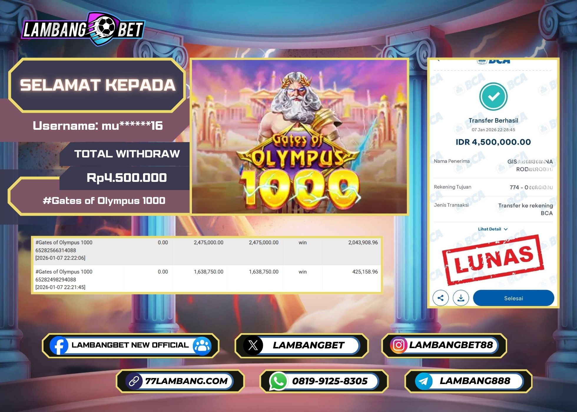 LAMBANGBET [7 JANUARI 2025] JACKPOT SLOT Gates of Olympus 1000 "Rp4.500.000" LUNAS